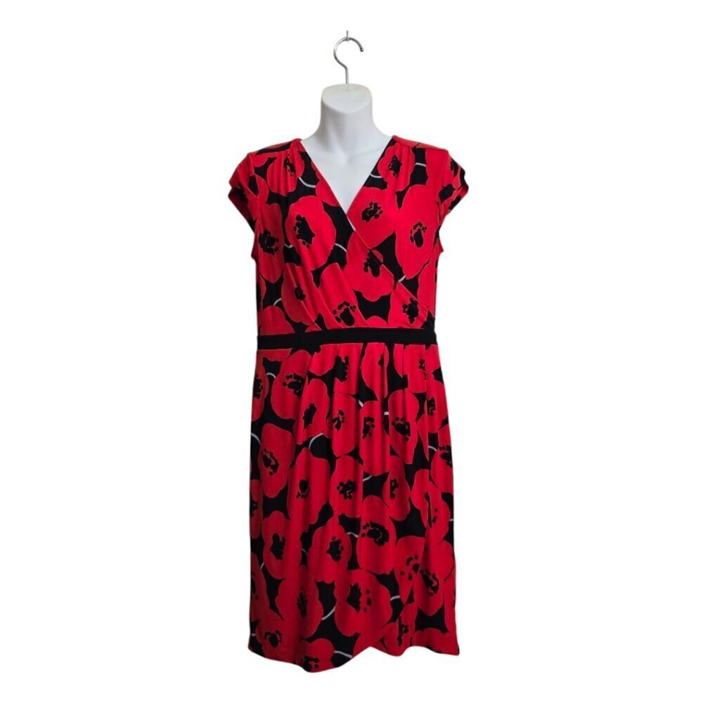 New York & Company Red Poppy Faux Wrap Jersey Knit Mini Shift Dress Sz M